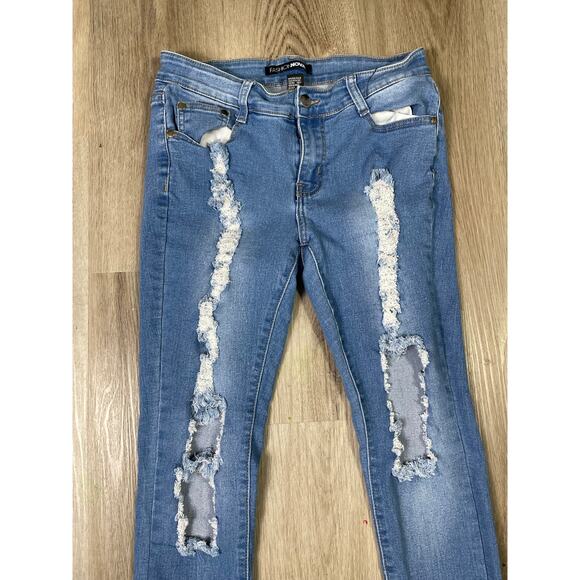 Fashion Nova Women's 7/8 Blue Distressed Ripped Skinny Jeans Mid Rise Stretch - Picture 3 of 8